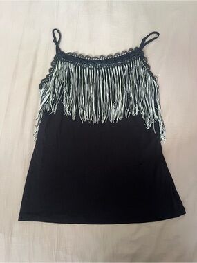Anna Sui Black Cami with White Fringe Trim